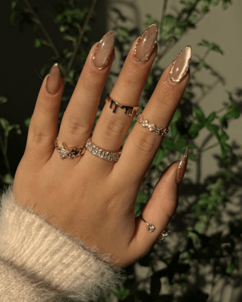 Close up of velvet brown and nude nails